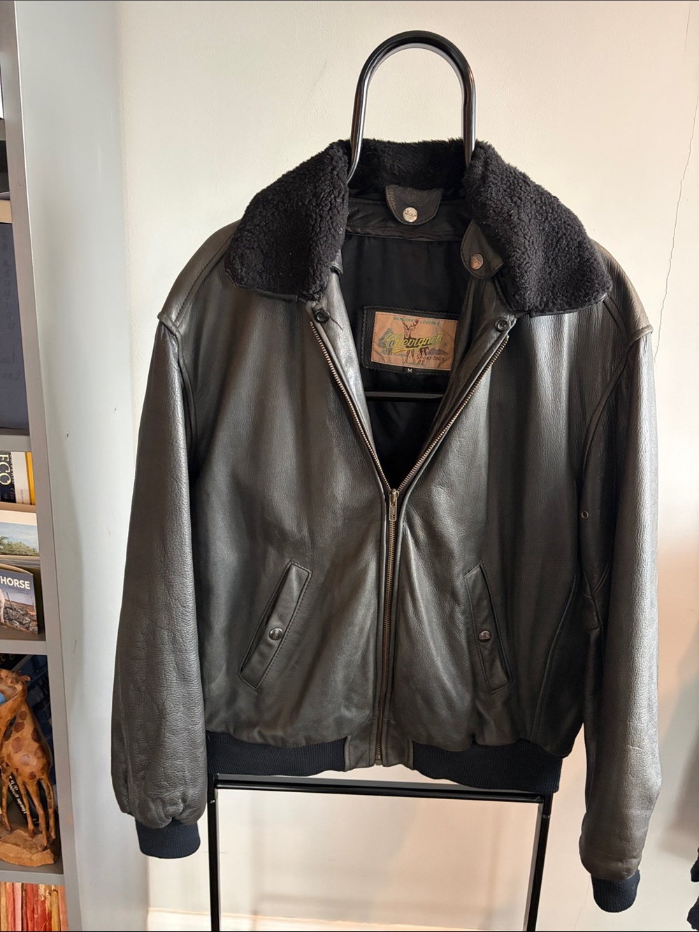 Vintage Men's Black Leather Bomber Jacket with Black Shearling Collar
